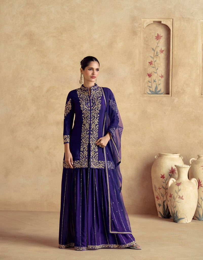 Purple Chinon Embroidered Suit Set with Dupatta – Fully Stitched 3-Piece Set ClothsVilla