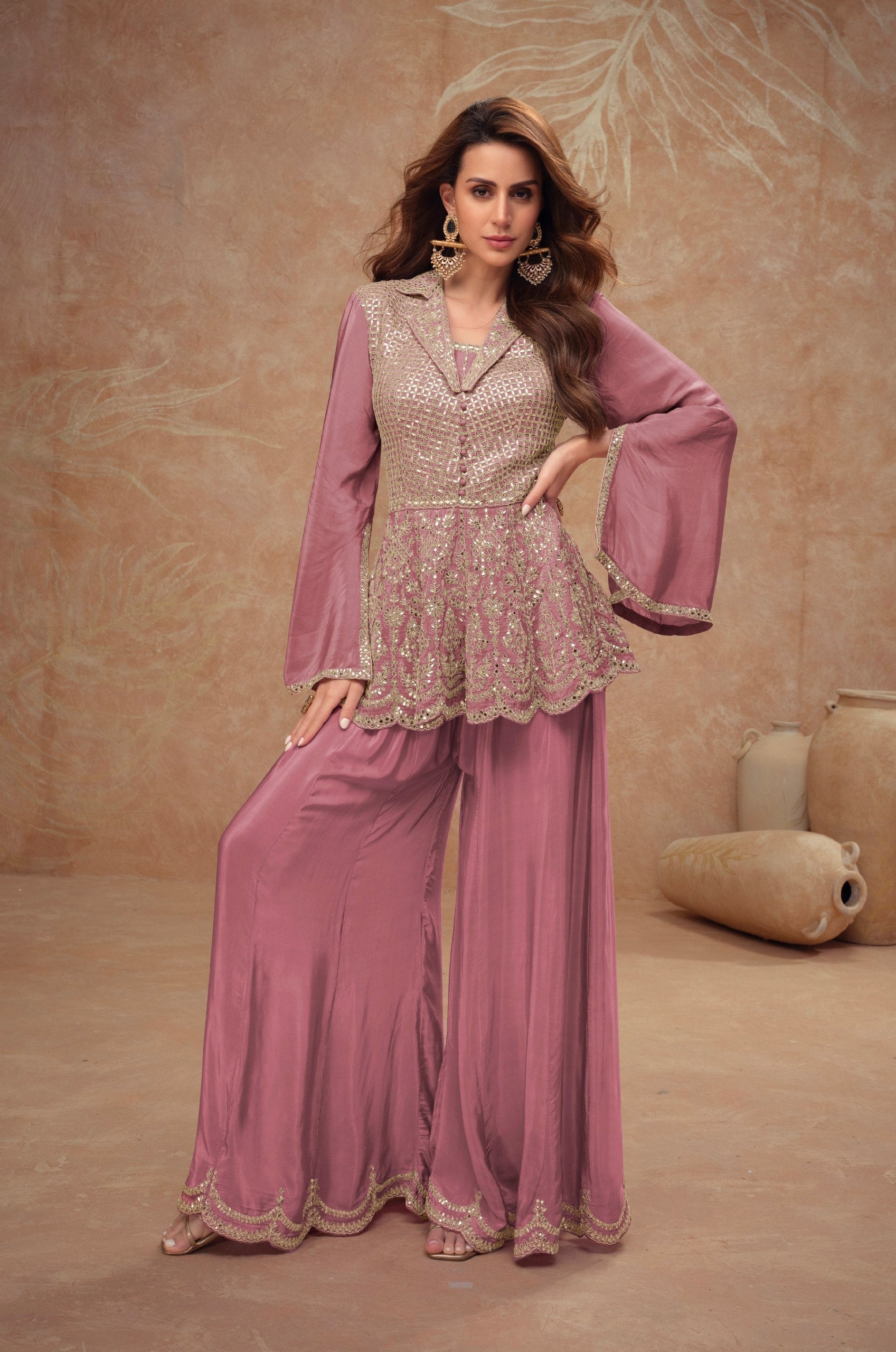 Purple Chinon Kurta Palazzo Set ClothsVilla Main image