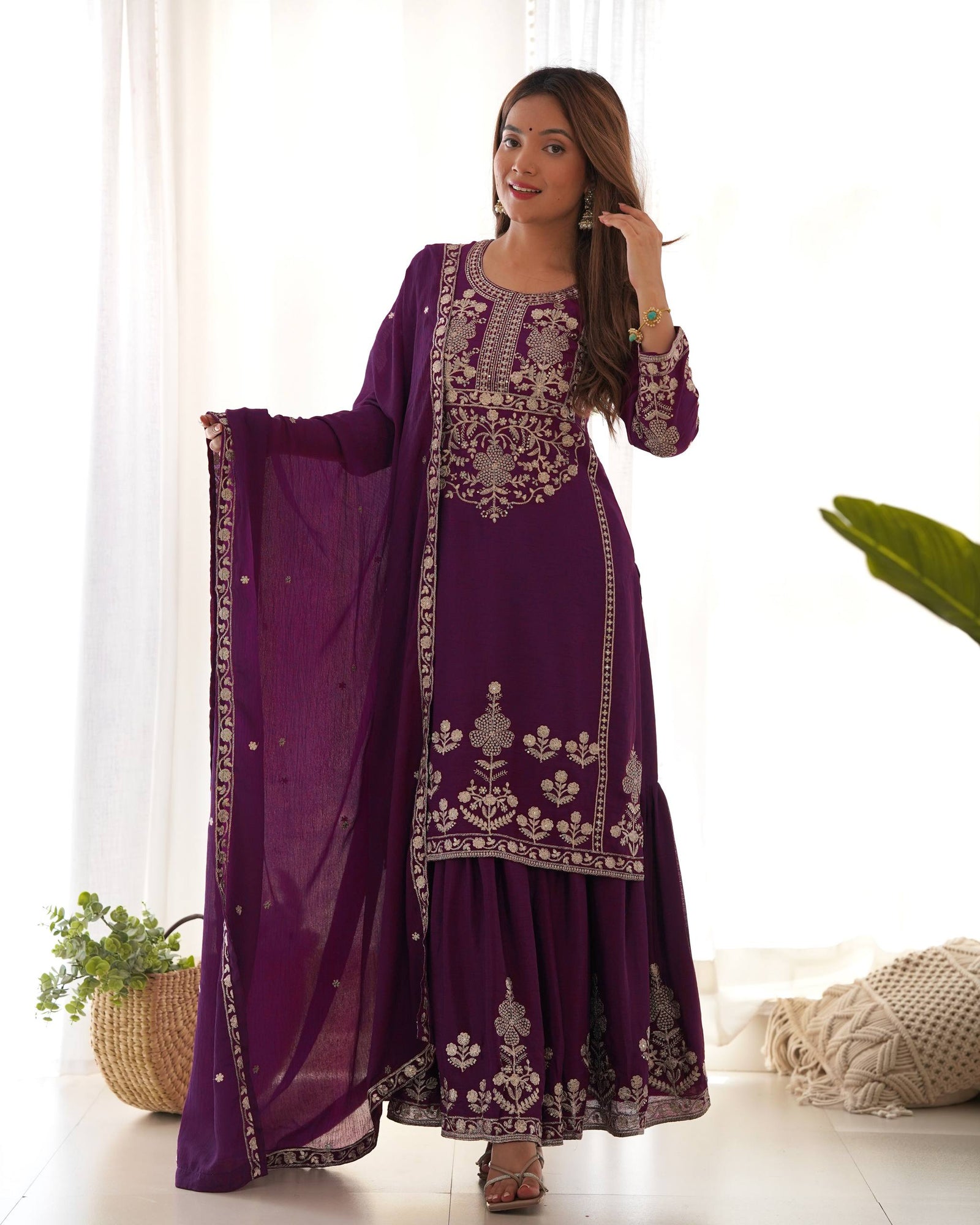 Purple Chinon Silk Designer Sharara Set ClothsVilla
