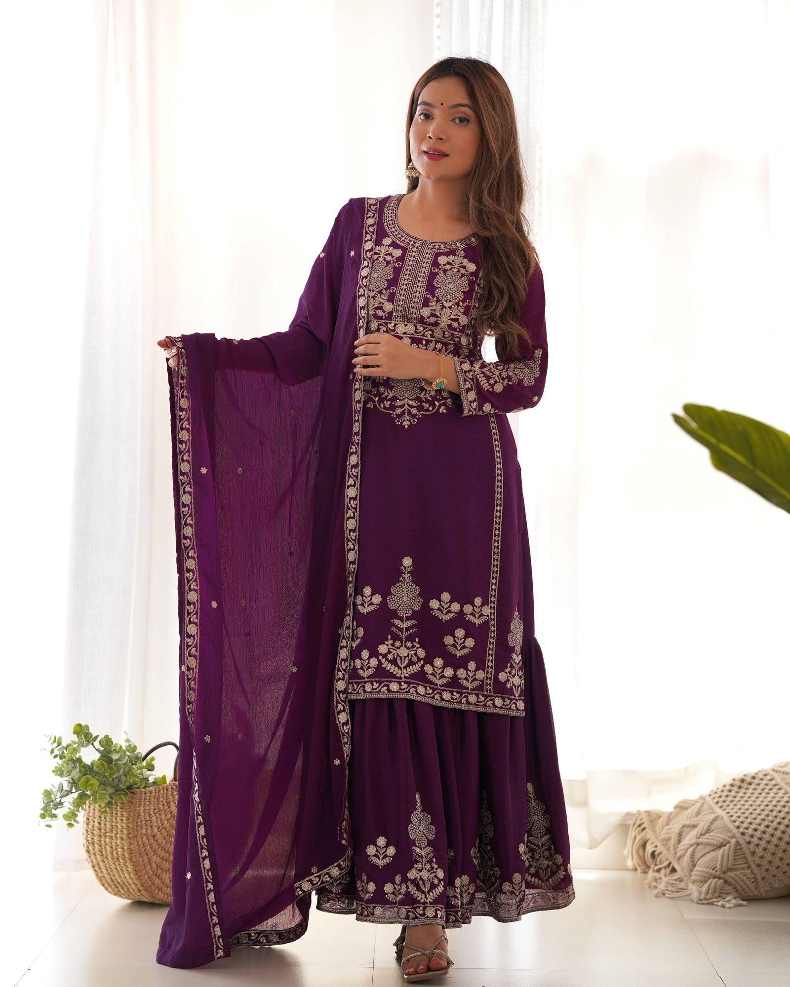 Purple Chinon Silk Designer Sharara Set ClothsVilla
