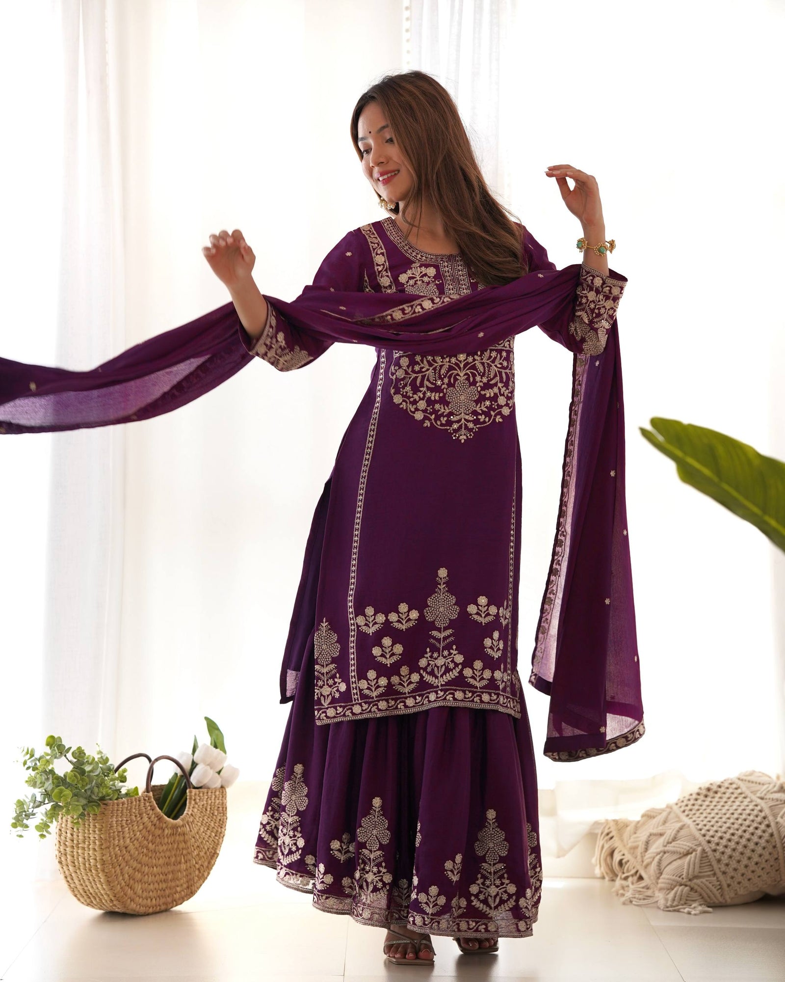 Purple Chinon Silk Designer Sharara Set ClothsVilla