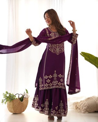 Purple Chinon Silk Designer Sharara Set ClothsVilla