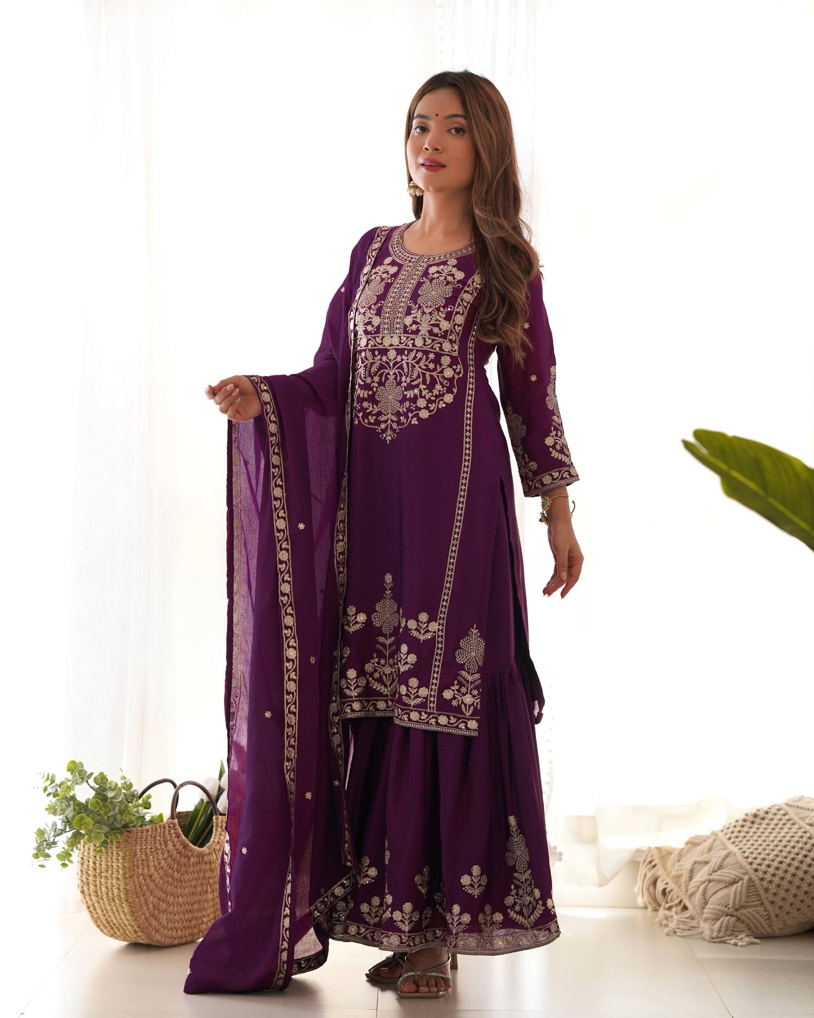Purple Chinon Silk Designer Sharara Set ClothsVilla