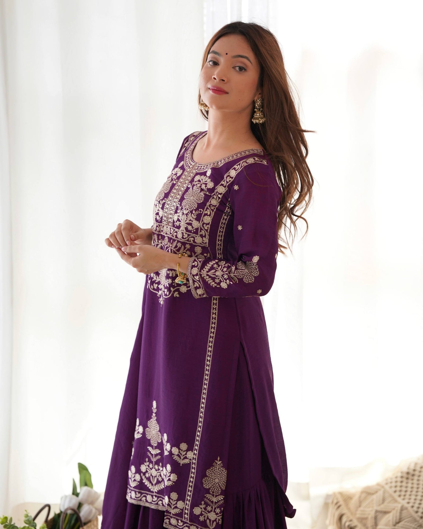 Purple Chinon Silk Designer Sharara Set ClothsVilla