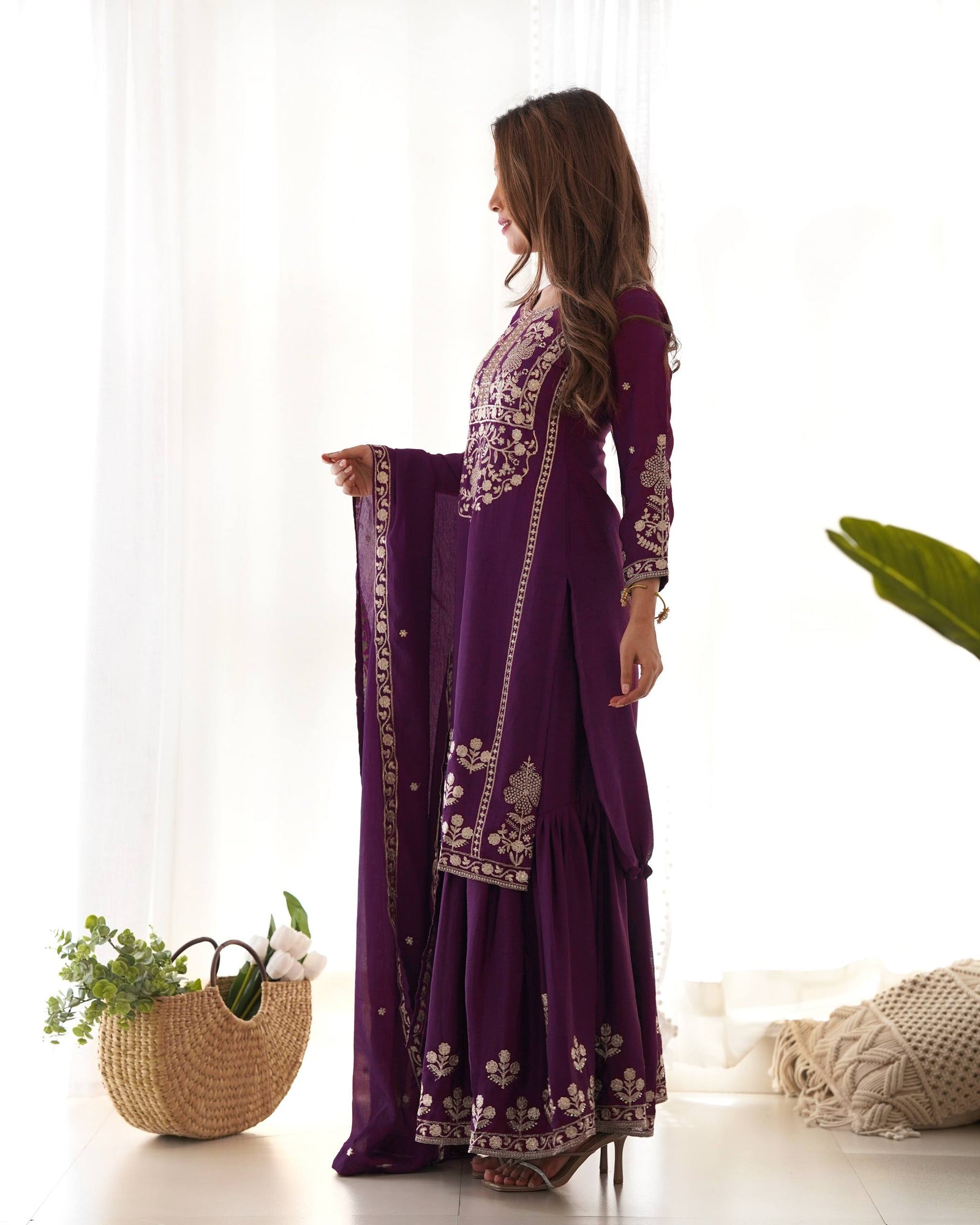 Purple Chinon Silk Designer Sharara Set ClothsVilla
