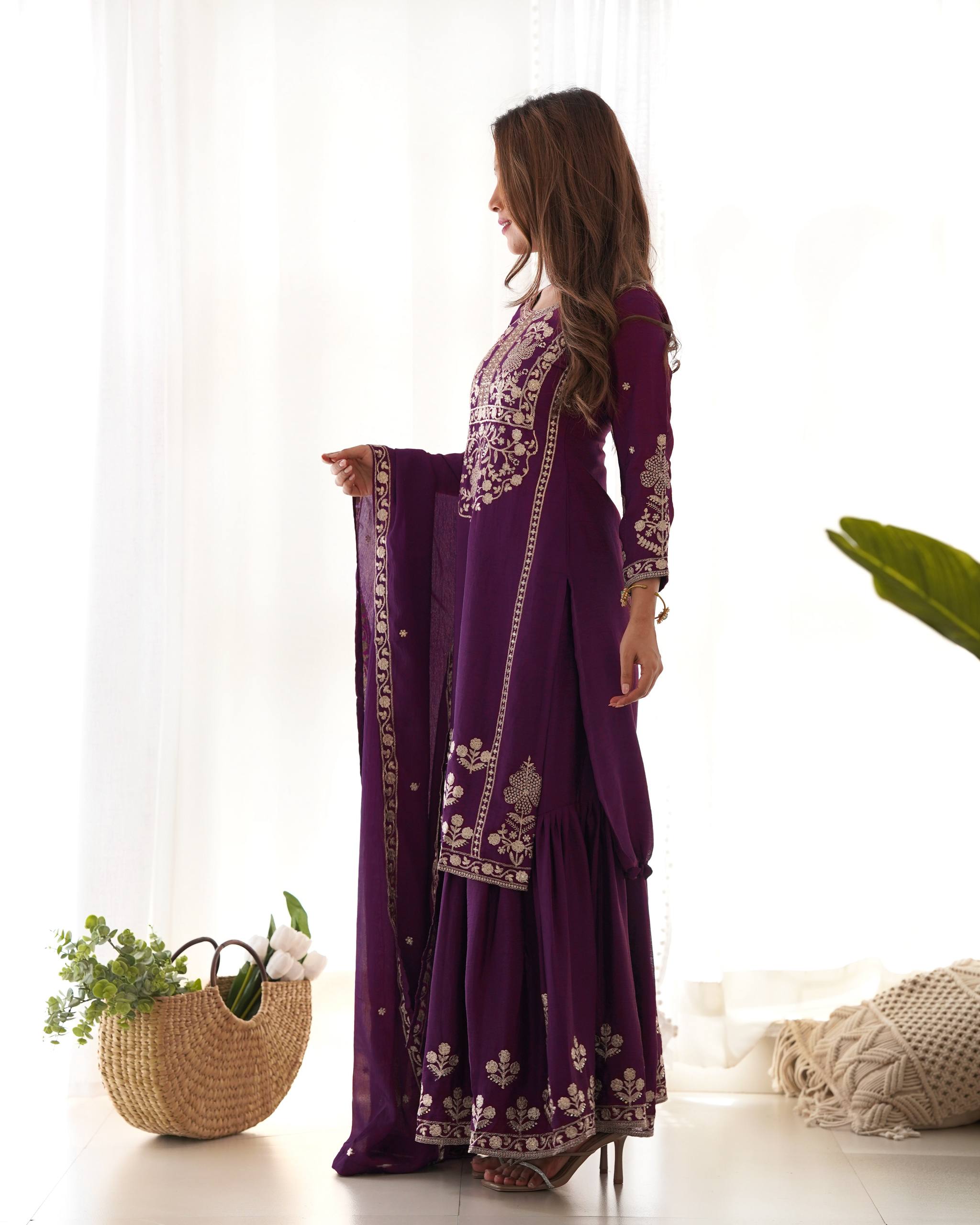 Purple Chinon Silk Designer Sharara Set ClothsVilla