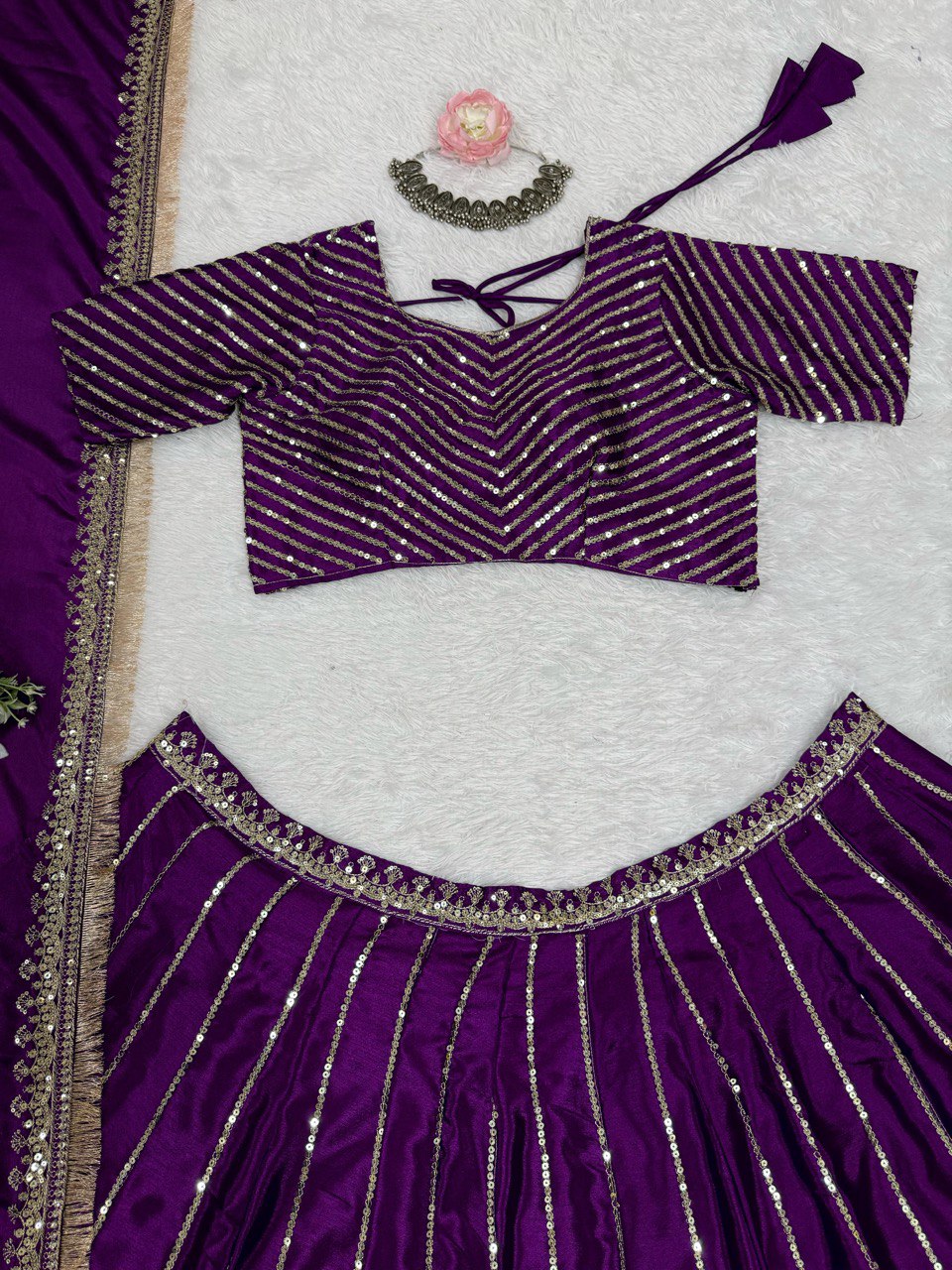 Purple Chinon Silk Embroidered Lehenga Choli Set with Sequins Work & Lace Border Dupatta ClothsVilla