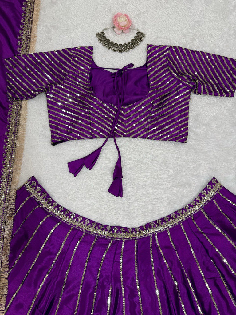 Purple Chinon Silk Embroidered Lehenga Choli Set with Sequins Work & Lace Border Dupatta ClothsVilla