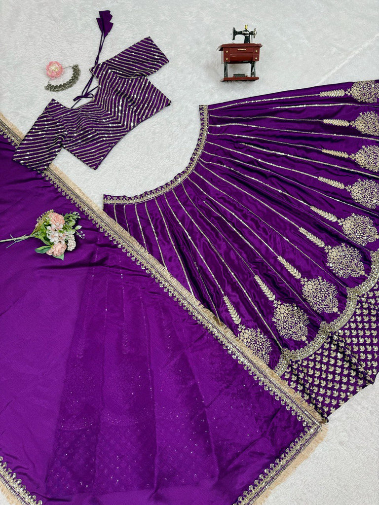 Purple Chinon Silk Embroidered Lehenga Choli Set with Sequins Work & Lace Border Dupatta ClothsVilla