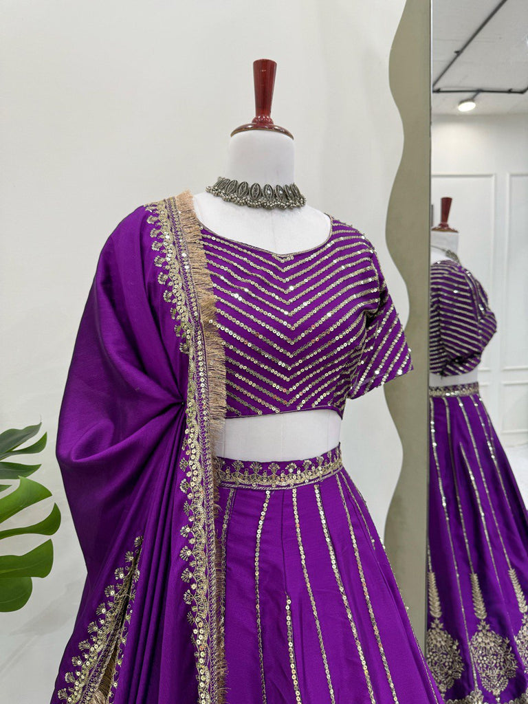 Purple Chinon Silk Embroidered Lehenga Choli Set with Sequins Work & Lace Border Dupatta ClothsVilla