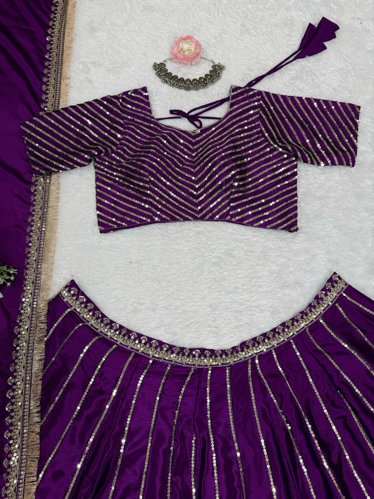 Purple Chinon Silk Embroidered Lehenga Choli Set with Sequins Work & Lace Border Dupatta ClothsVilla