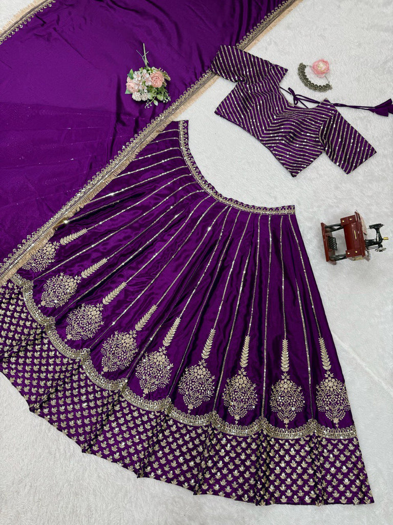 Purple Chinon Silk Embroidered Lehenga Choli Set with Sequins Work & Lace Border Dupatta ClothsVilla