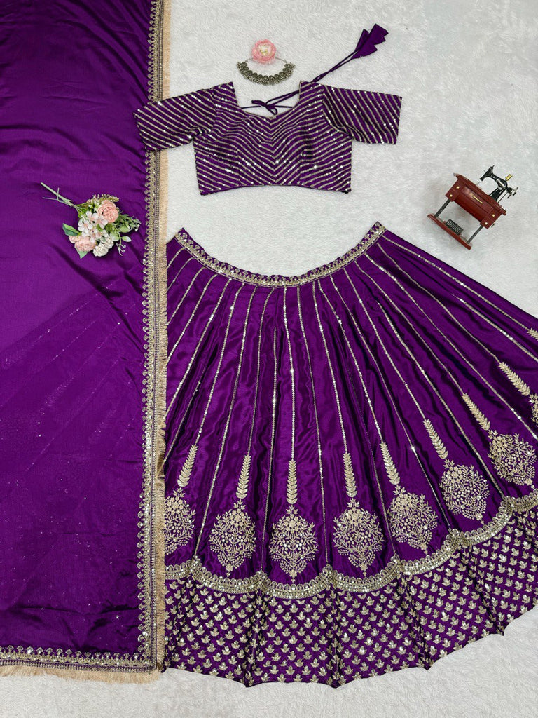 Purple Chinon Silk Embroidered Lehenga Choli Set with Sequins Work & Lace Border Dupatta ClothsVilla