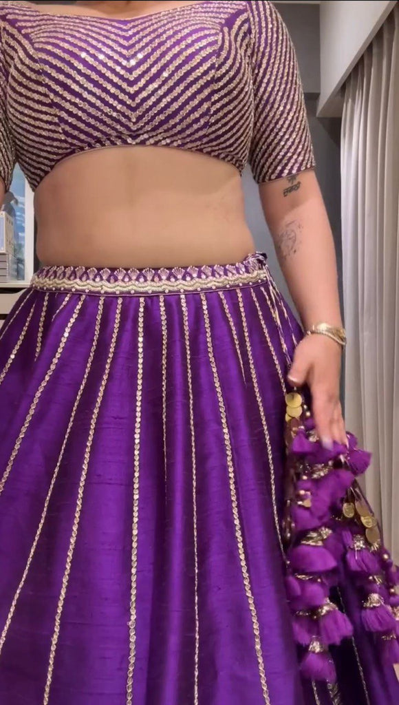 Purple Chinon Silk Embroidered Lehenga Choli Set with Sequins Work & Lace Border Dupatta ClothsVilla