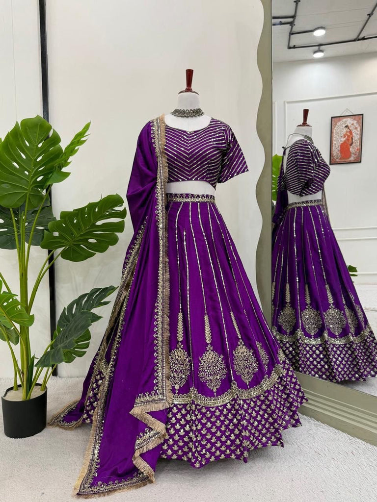 Purple Chinon Silk Embroidered Lehenga Choli Set with Sequins Work & Lace Border Dupatta ClothsVilla