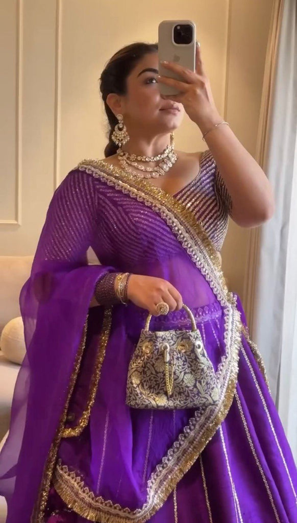 Purple Chinon Silk Embroidered Lehenga Choli Set with Sequins Work & Lace Border Dupatta ClothsVilla