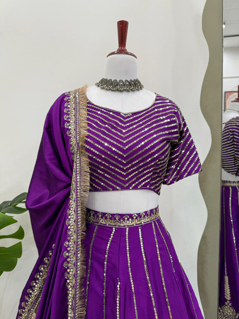Purple Chinon Silk Embroidered Lehenga Choli Set with Sequins Work & Lace Border Dupatta ClothsVilla