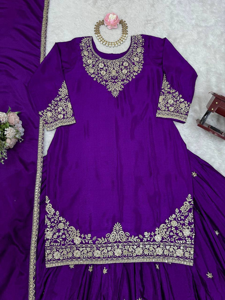 Purple Chinon Silk Lehenga Set with Sequin Work & Lace Border Dupatta  Full-Stitched Traditional Wear ClothsVilla