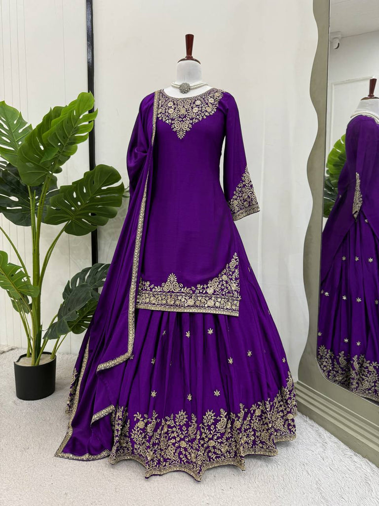 Purple Chinon Silk Lehenga Set with Sequin Work & Lace Border Dupatta  Full-Stitched Traditional Wear ClothsVilla