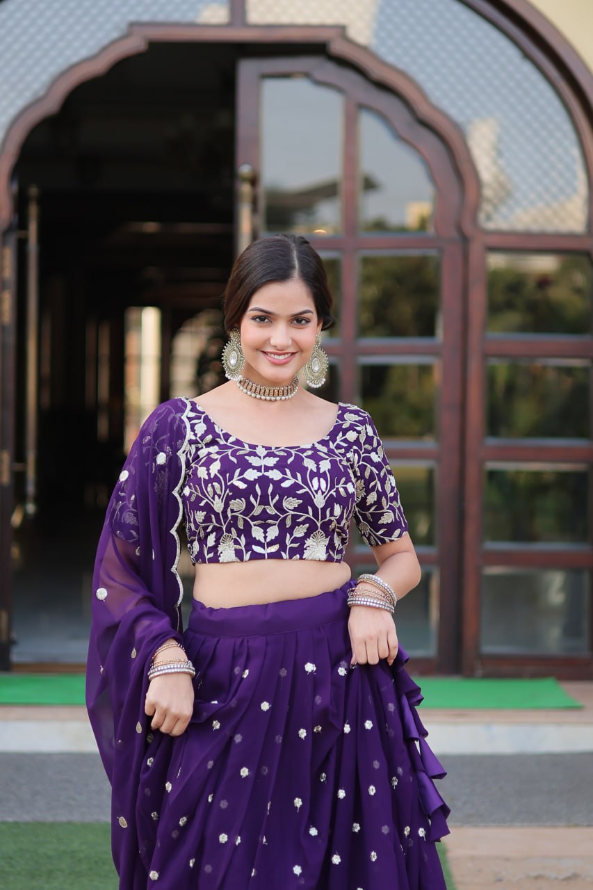 Purple Color Elegance Designer Faux Blooming Lehenga Choli Set ClothsVilla