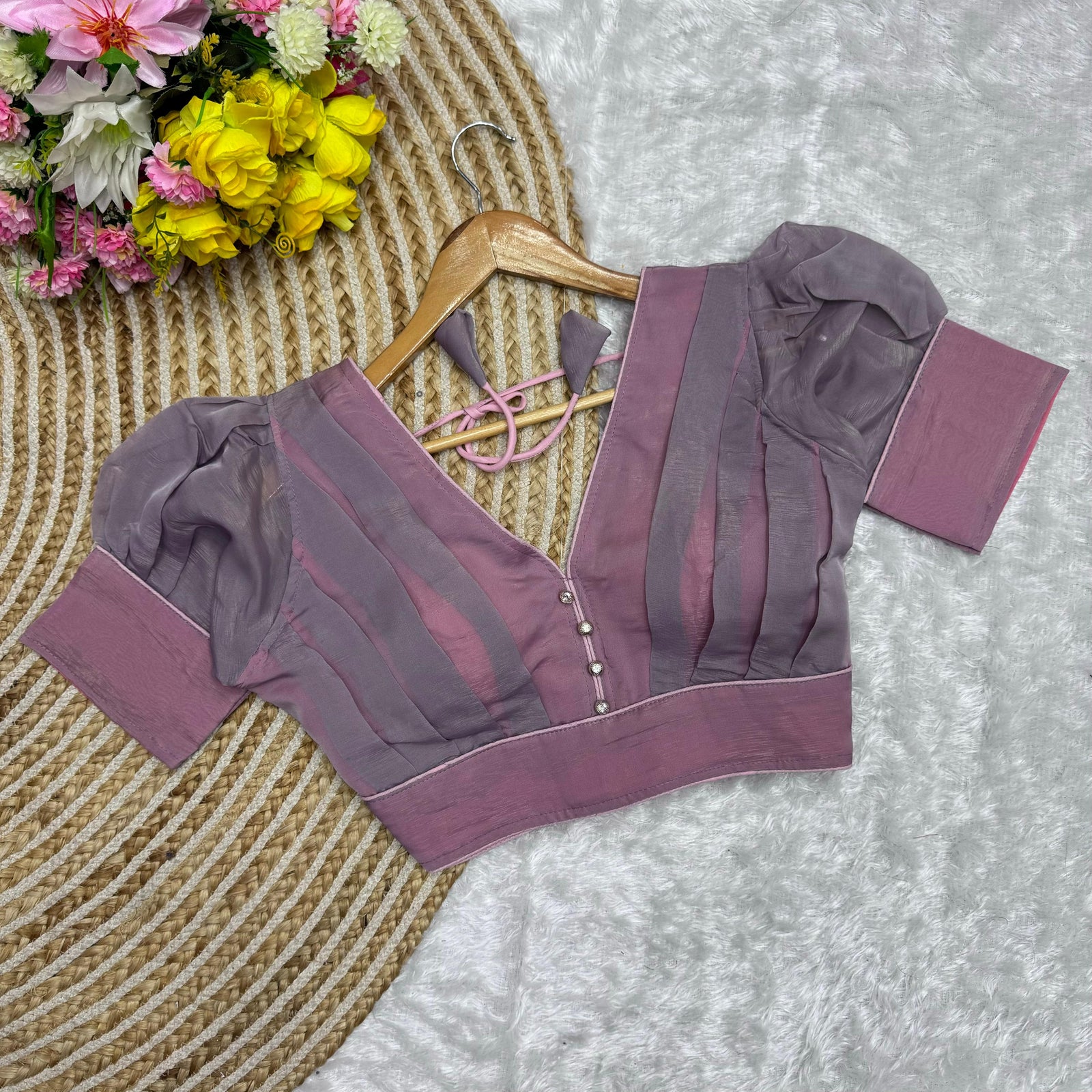 Purple Color Metallic Jari Blouse with Ruffled Pattern and Balloon Sleeves ClothsVilla