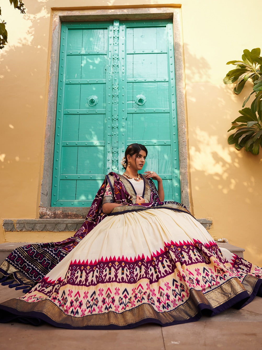 Purple Color Patola Print Tussar Silk Lehenga Choli Set with Foil Detailing & Can Can ClothsVilla