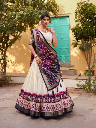 Purple Color Patola Print Tussar Silk Lehenga Choli Set with Foil Detailing & Can Can ClothsVilla