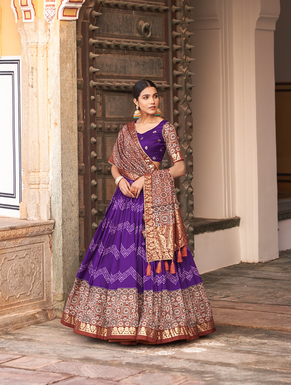 Purple Color Tussar Silk Lehenga Choli with Ajarakh Prints ClothsVilla