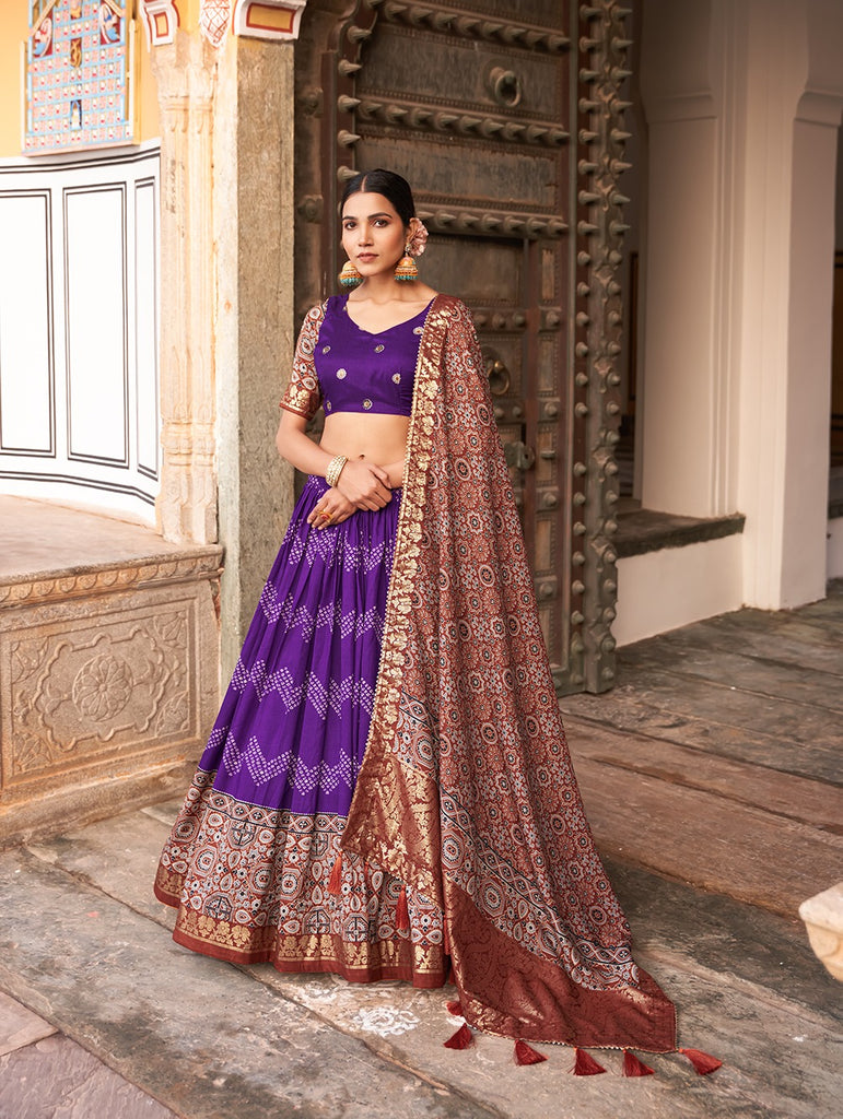 Purple Color Tussar Silk Lehenga Choli with Ajarakh Prints ClothsVilla