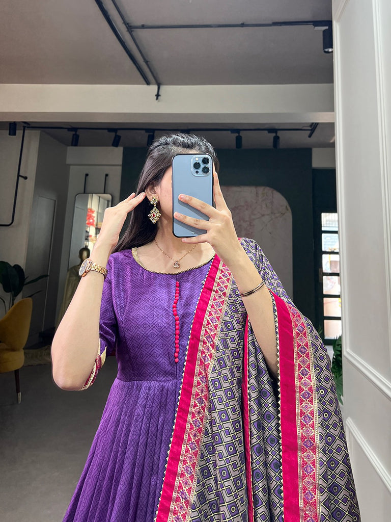 Purple Color Tussar Silk Printed Gown with Dupatta - Contemporary Elegance ClothsVilla