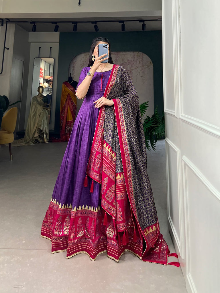 Purple Color Tussar Silk Printed Gown with Dupatta - Contemporary Elegance ClothsVilla