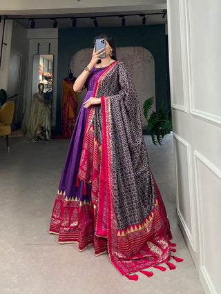 Purple Color Tussar Silk Printed Gown with Dupatta - Contemporary Elegance ClothsVilla