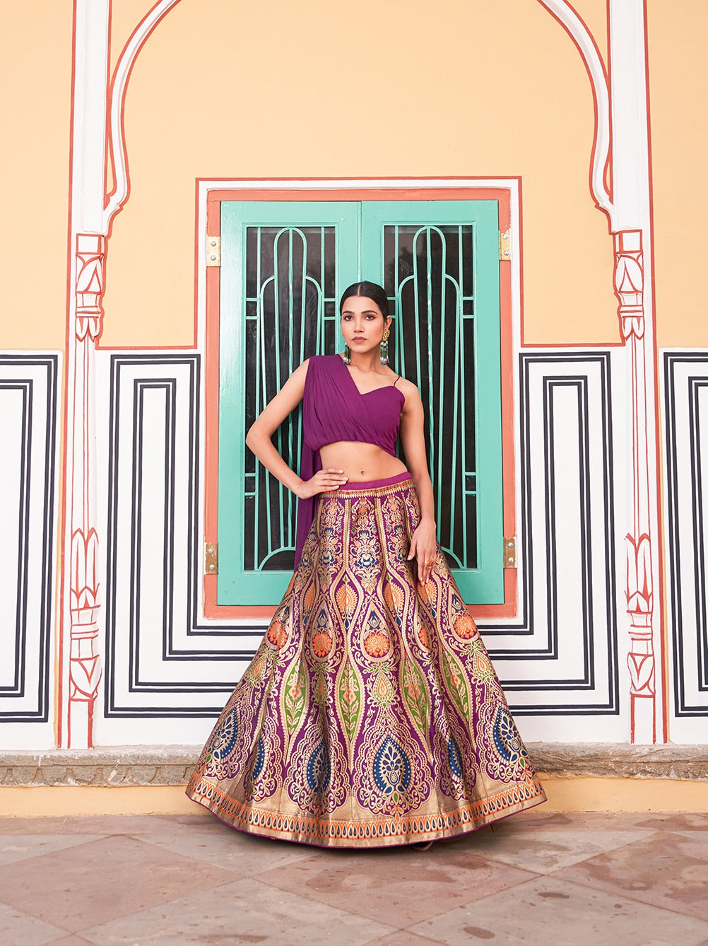 Aqua Green Raw Silk Banarasi Skirt With Crop Top And Dupatta
