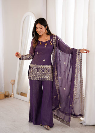 Purple Crunchy Silk Top with Bell Bottom ClothsVilla