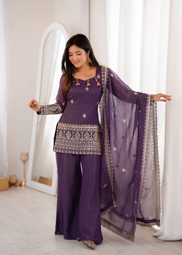 Purple Crunchy Silk Top with Bell Bottom ClothsVilla
