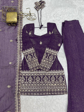 Purple Crunchy Silk Top with Bell Bottom ClothsVilla