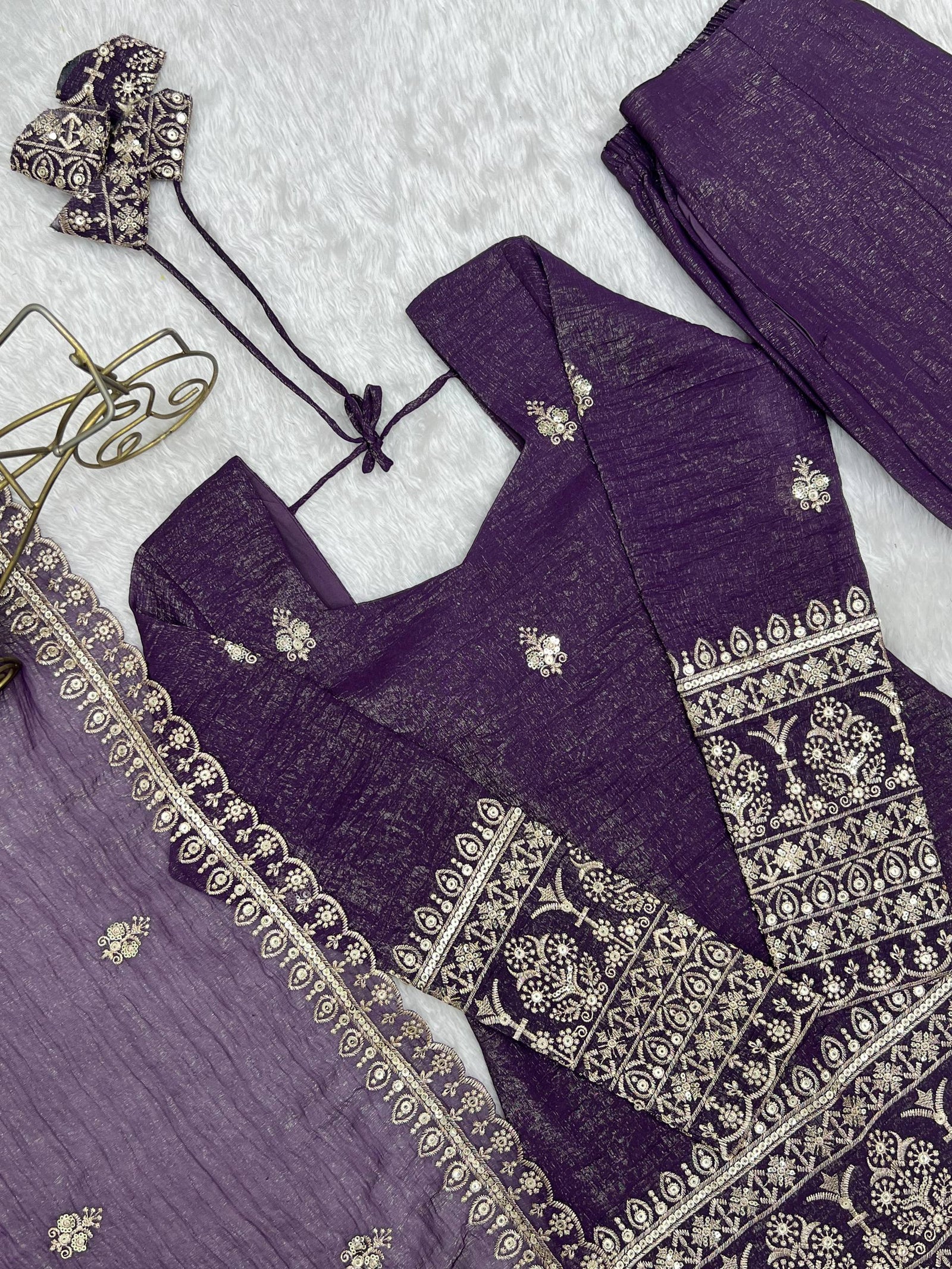 Purple Crunchy Silk Top with Bell Bottom ClothsVilla