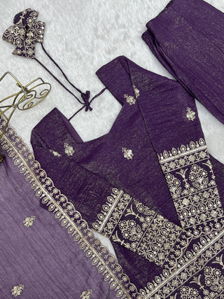 Purple Crunchy Silk Top with Bell Bottom ClothsVilla