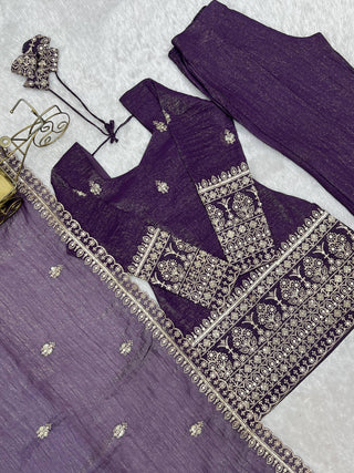 Purple Crunchy Silk Top with Bell Bottom ClothsVilla