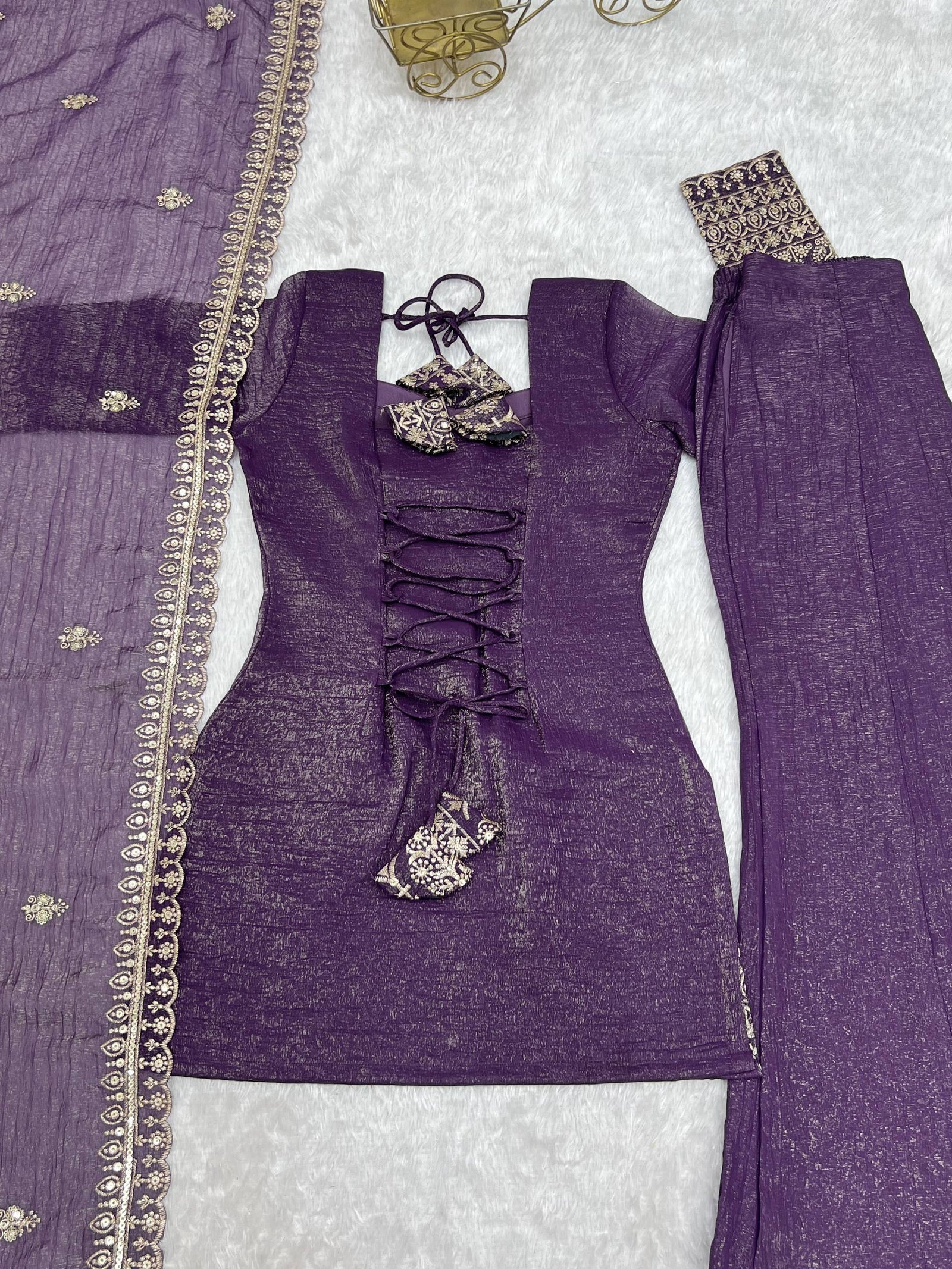 Purple Crunchy Silk Top with Bell Bottom ClothsVilla