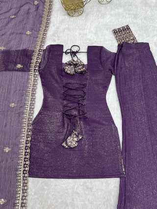 Purple Crunchy Silk Top with Bell Bottom ClothsVilla