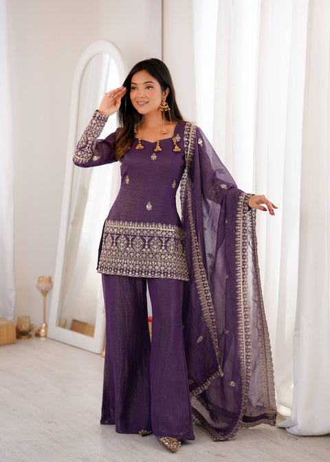 Purple Crunchy Silk Top with Bell Bottom ClothsVilla Main image