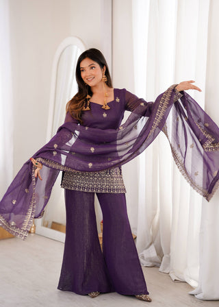 Purple Crunchy Silk Top with Bell Bottom ClothsVilla