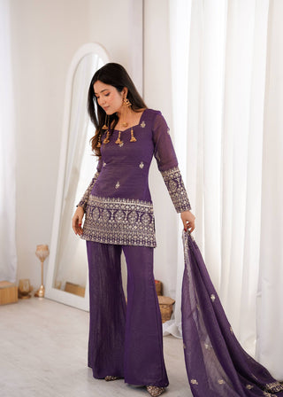 Purple Crunchy Silk Top with Bell Bottom ClothsVilla