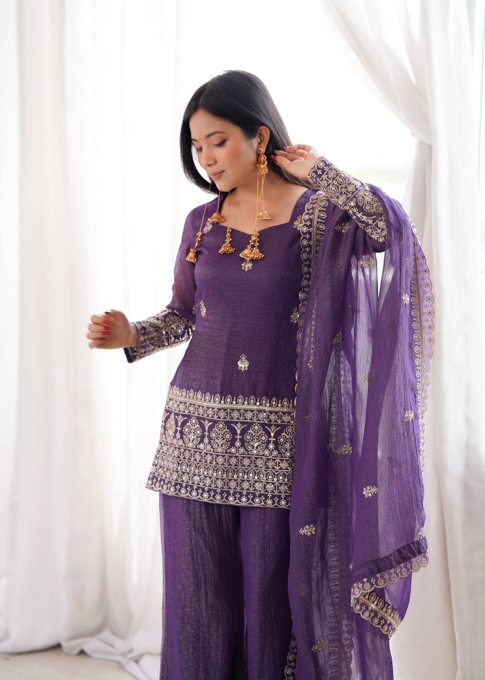 Purple Crunchy Silk Top with Bell Bottom ClothsVilla