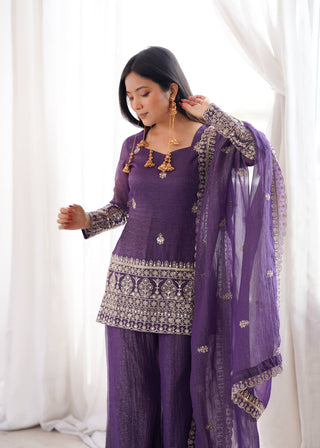 Purple Crunchy Silk Top with Bell Bottom ClothsVilla