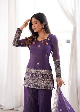 Purple Crunchy Silk Top with Bell Bottom ClothsVilla