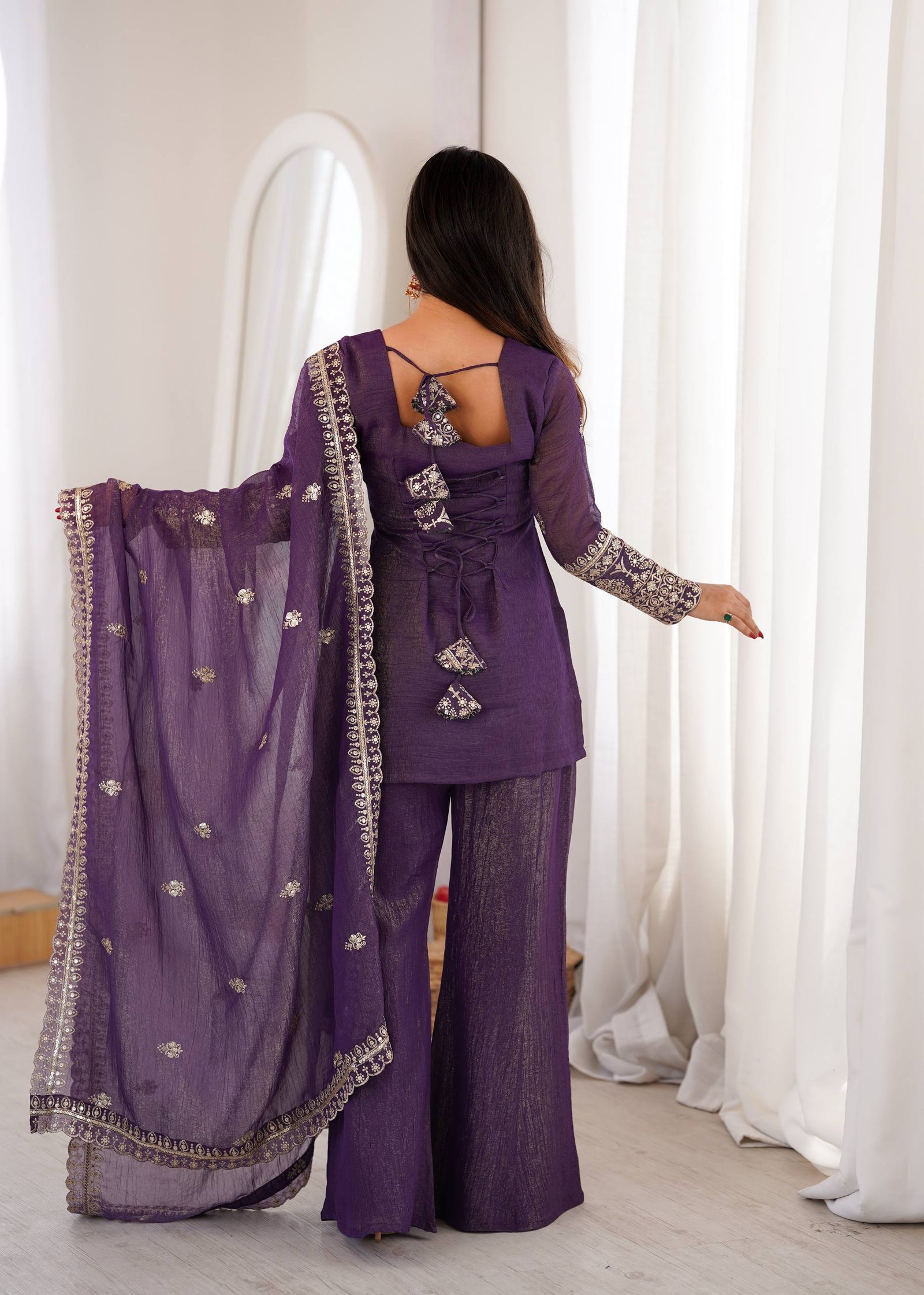 Purple Crunchy Silk Top with Bell Bottom ClothsVilla