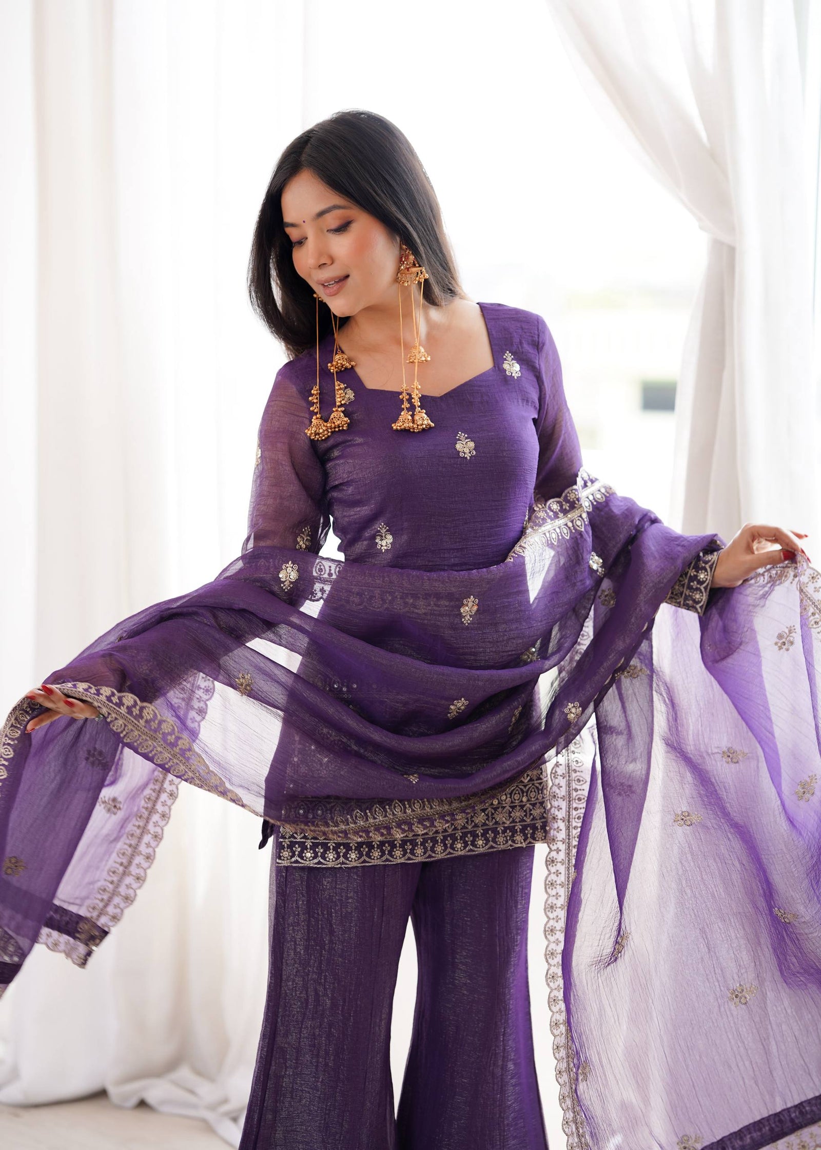 Purple Crunchy Silk Top with Bell Bottom ClothsVilla