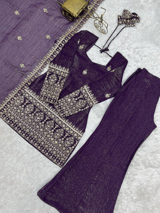 Purple Crunchy Silk Top with Bell Bottom ClothsVilla